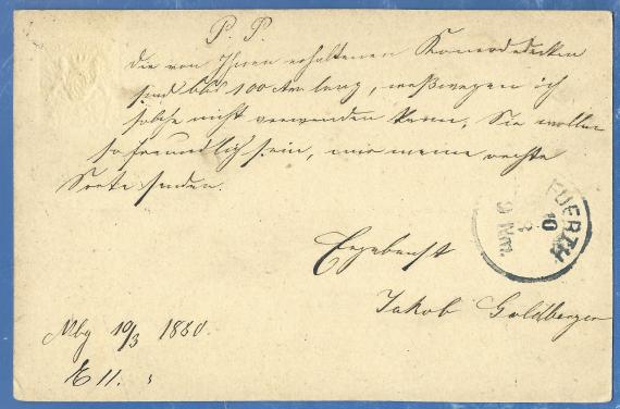 Postkarte geschäftlicher Art von Herrn Jakob Goldberger, - versandt am 10. März 1880  - Kartenrückseite