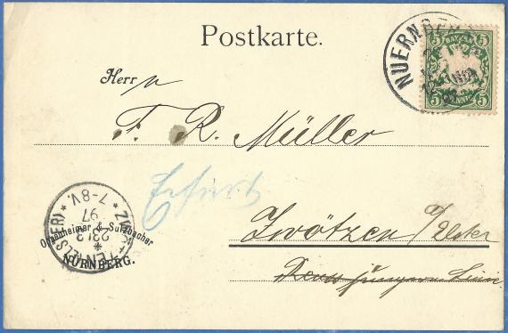 Company postcard from Oppenheimer & Sulzbacher in Nuremberg, - mailed March 22, 1897