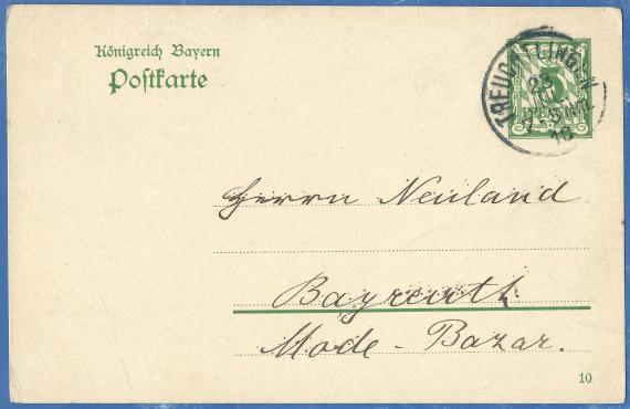 Postcard to Mr. Neuland, Fashion - Bazar in Bayreuth, - mailed July 23, 1910