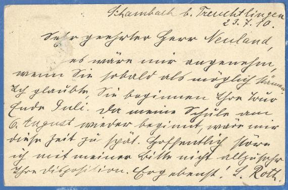 Postcard to Mr. Neuland, Mode - Bazar in Bayreuth, - mailed on July 23, 1910 - back of card