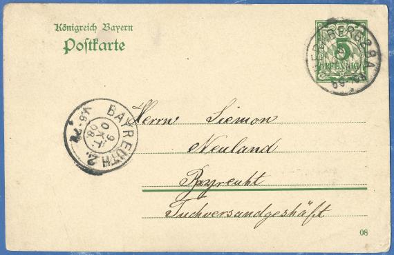 Postkarte geschäftlicher Art an Herrn Simeon Neuland, Tuchversandgeschäft, in Bayreuth, - versandt am 8. Oktober 1908