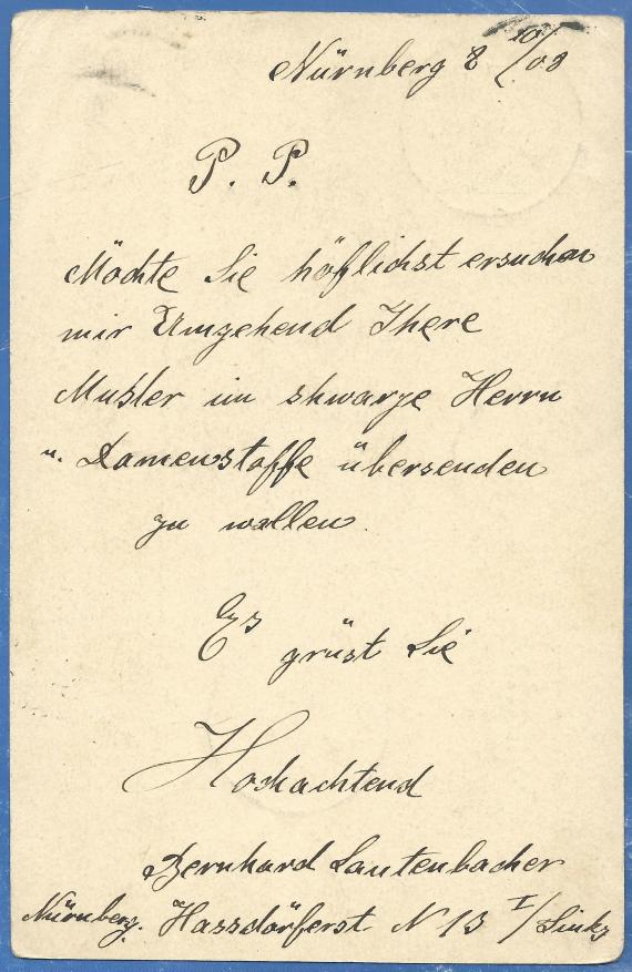 Postkarte geschäftlicher Art an Herrn Simeon Neuland, Tuchversandgeschäft, in Bayreuth, - versandt am 8. Oktober 1908 - Kartenrückseite