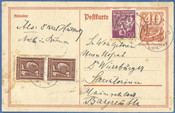 Postkarte beruflicher Art an " Sr. Wohlgeboren Herrn Hofrat Dr. Würzburger ", Sanatorium Mainschloss, Bayreuth - versandt am 30. August 1922