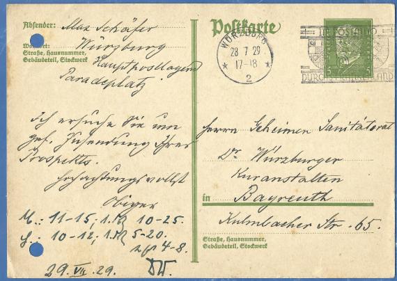 Postkarte  an " Herrn  Geheimen Sanitätsrat Dr. Würzburger ", Kuranstalten, in Bayreuth, Kulmbacher Straße 65  - versandt am 28. Juli 1929 