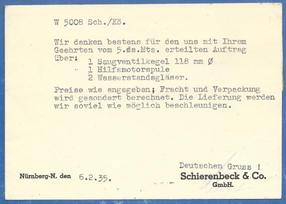 Postkarte  geschäftlicher Art  an " Titl. Hofrat Dr. Würzburger`s Kuranstalten ", Bayreuth,  - versandt am 2. Februar 1935  -  Kartenrückseite