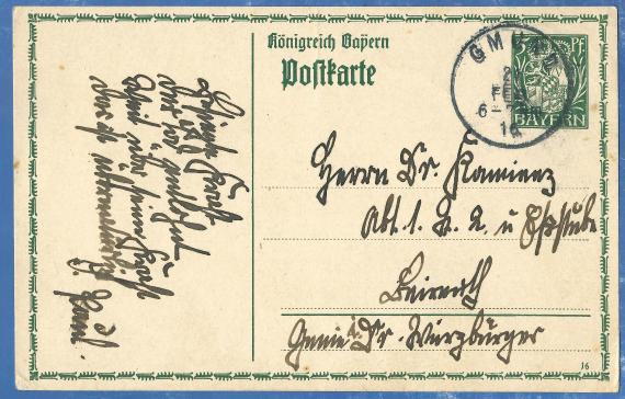 Postcard of private nature to Dr. Kamienz, Dept.1,St.2 and Eßstube, Baireuth, Genie i. Dr. Würzburger - mailed February 21, 1916.