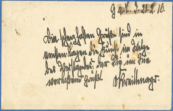 Postkarte privater Art an Herrn Dr. Kamienz, Abt.1,St.2 und Eßstube, Baireuth, Genie i. Dr. Würzburger - versandt am 21. Februar 1916 - Kartenrückseite