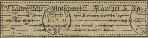 Envelope - Akademisches Antiquariat Fraenkel & Co, Wissenschaftliche Fachbuchhandlung in Berlin, Artilleriestraße 13 - mailed on 3/13/1923 - detail enlargement company address