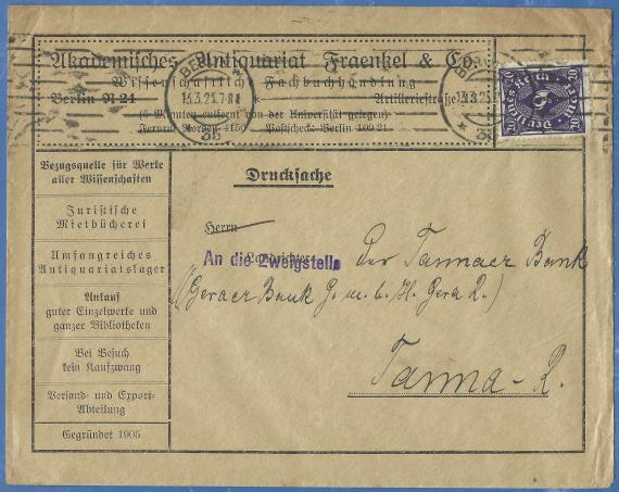 Envelope - Akademisches Antiquariat Fraenkel & Co, Wissenschaftliche Fachbuchhandlung in Berlin, Artilleriestraße 13 - mailed on 13.3.1923