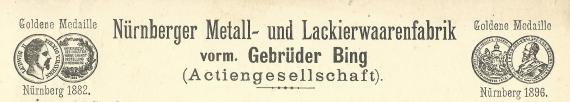 Business postcard of the Nürnberger Metall- und Lackierwaarenfabrik vorm. Gebrüder Bing ( Actiengesellschaft ) - mailed on March 31, 1898 - detail enlargement company name