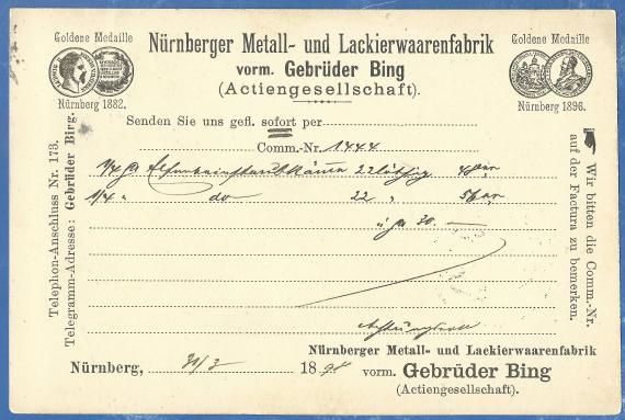 Business postcard of the Nürnberger Metall- und Lackierwaarenfabrik vorm. Gebrüder Bing ( Actiengesellschaft ) - mailed on March 31, 1898