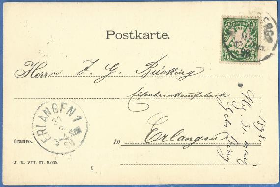 Business postcard of the Nürnberger Metall- und Lackierwaarenfabrik vorm. Gebrüder Bing ( Actiengesellschaft ) - mailed on March 31, 1898 - front of card