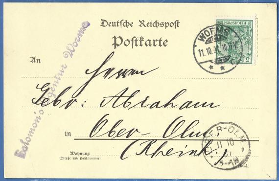 Postkarte geschäftlicher Art von " Salomon´s Agentur Worms ", - versandt am 11.Oktober 1901 an die Gebrüder Abraham in Ober-Olm