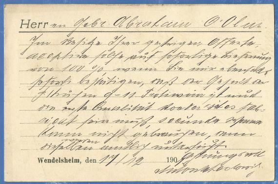 Business postcard from Anton Schestowitz, Wendelsheim, - mailed to Ober-Olm to Gebr. Abraham on December 17, 1901 - back of card