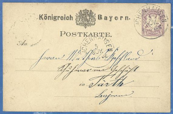 Postkarte geschäftlicher Art an Herrn Mathias Koschland, Schuhwarengeschäft in Fürth, - versandt am 4. November 1881