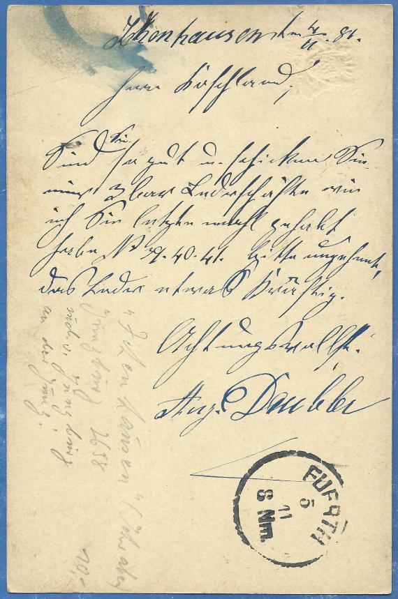 Postkarte - Mathias Koschland Postcard of a business nature to Mr. Mathias Koschland, shoe store in Fürth, - mailed on November 4, 1881 - back of card