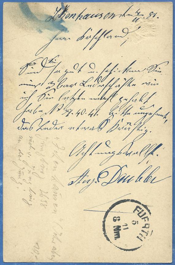 Postkarte geschäftlicher Art an Herrn Mathias Koschland, Schuhwarengeschäft in Fürth, - versandt am 4. November 1881 - Kartenrückseite