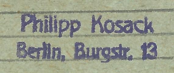 Card letter of a business nature from Philipp Kosack, Berlin, Burgstraße 13, - mailed June 12, 1925 - clipping address