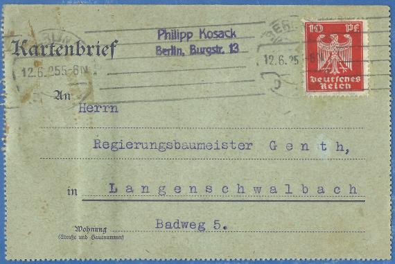 Kartenbrief geschäftlicher Art von Philipp Kosack,Berlin,Burgstraße 13, - versandt am 12. Juni 1925