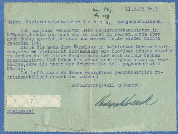 Card letter of a business nature from Philipp Kosack,Berlin,Burgstraße 13, - mailed June 12, 1925 - inside of letter