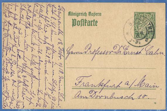 Postkarte persönlicher Art von Jette Cahn, - geschrieben am 18. Februar 1918 an ihren Bruder Prof. Dr. Ernst Cahn in Frankfurt am Main