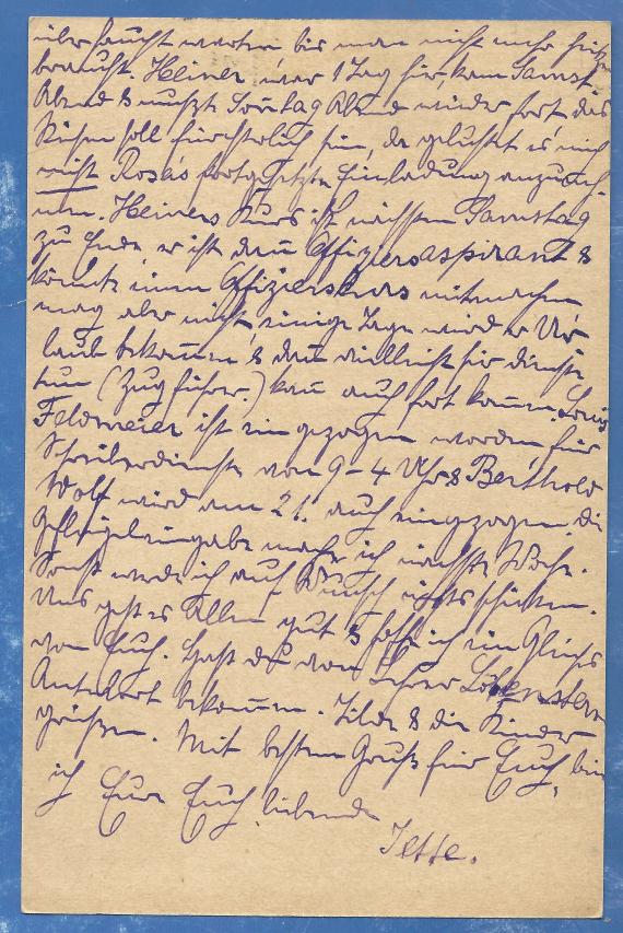 Postkarte - Prof. Dr. Ernst Cahn Postkarte persönlicher Art an Herrn Professor Dr. Ernst Cahn in Frankfurt am Main, Am Dornbusch 10, - geschrieben am 13. Februar 1918 von seiner Schwester Jette Cahn in Bayreuth - Kartenrückseite