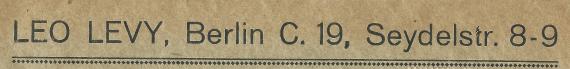 Briefumschlag von Leo Levy, Berlin C 19, Seydelstraße 8-9, - versandt am 15. März 1923 - Ausschnittvergrößerung Adresse