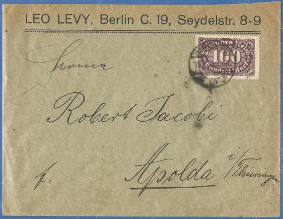 Briefumschlag von Leo Levy, Berlin C 19, Seydelstraße 8-9, - versandt am 15. März 1923 