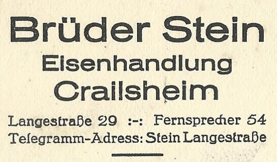 Geschäftspostkarte der Brüder Stein, Crailsheim, Langestraße 29, - versandt am 4. März 1926 - Ausschnittvergrößerung Geschäftsadresse