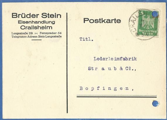 Business postcard of the Stein brothers, Crailsheim, Langestraße 29, - mailed on March 4, 1926