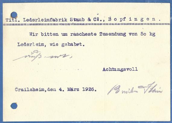 Postkarte - Brüder Stein Geschäftspostkarte der Brüder Stein, Crailsheim, Langestraße 29, - versandt am 4. März 1926 - Kartenrückseite