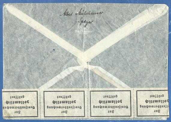 Envelope from Albert Mühlhauser, - mailed to Miss Stefanie Millhauser in Brocklyn - New York on October 30, 1938 - envelope - back side