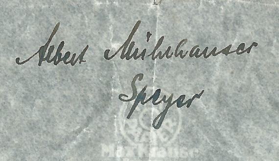 Envelope from Albert Mühlhauser, - mailed to Miss Stefanie Millhauser in Brocklyn - New York on October 30, 1938 - detail enlargement sender