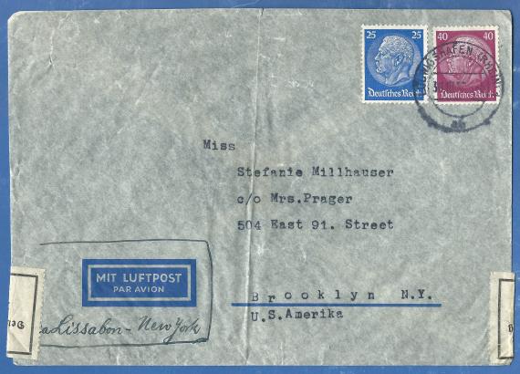 Briefumschlag - Albert Mühlhauser Briefumschlag von Albert Mühlhauser, - versandt an Miss Stefanie Millhauser in Brocklyn - New York am 30.Oktober 1938