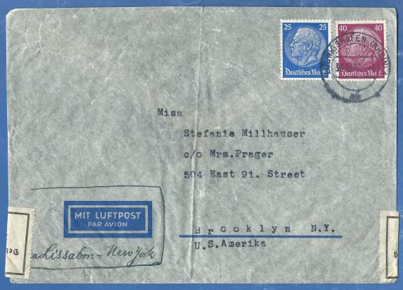 Briefumschlag von Albert Mühlhauser, - versandt an Miss Stefanie Millhauser in Brocklyn - New York am 30.Oktober 1938 