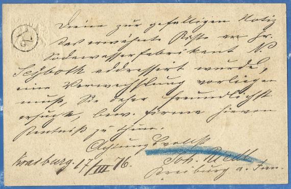 Postcard of a business nature to Mr. Max Wassermann, Spiritus-Fabrikant in Munich, - mailed March 17, 1876 - back of card