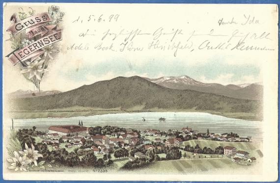 Sehr alte Ansichtskarte " Gruß aus Tegernsee "  an Herrn Wilhelm Borchardt in Berlin S.W. Friedrichstraße 226 I, - versandt am 5. Juni 1899 - Bildseite - unterschrieben unter anderem von seinen Tanten Adele Bock und  Kora Hirschfeld