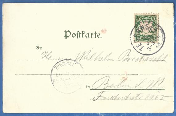 Very old picture postcard " Greeting from Tegernsee " to Mr. Wilhelm Borchardt in Berlin S.W. Friedrichstraße 226 I, - sent on June 5, 1899