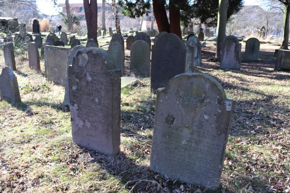 Several tombstone placed next to each other.