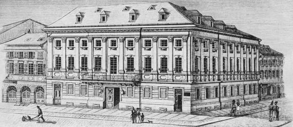 Stately corner house, seen from the market square to the east, engraving from the early 19th century.