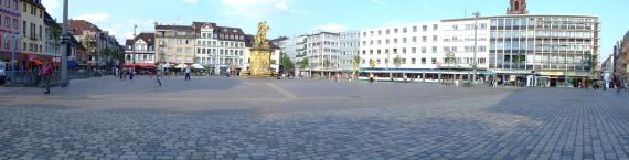 Panorama over the empty market place. View from the Old Town Hall to Breite Straße with the light rail stop.