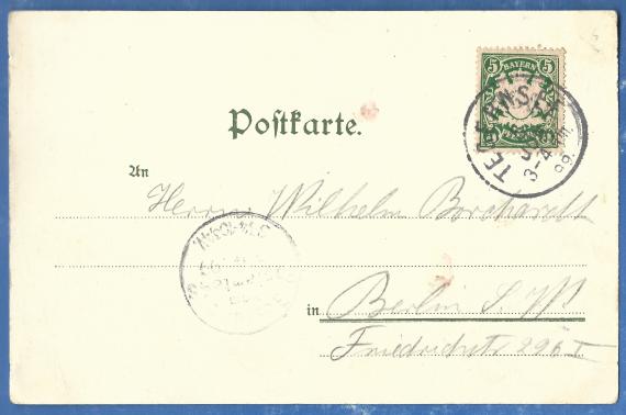 Grußkarte - Kora Hirschfeld Sehr alte Ansichtskarte " Gruß aus Tegernsee " - versandt von Kora Hirschfeld u. a. an Herrn Wilhelm Borchardt in Berlin am 5. Juni 1899 - Karten-Anschriftseite