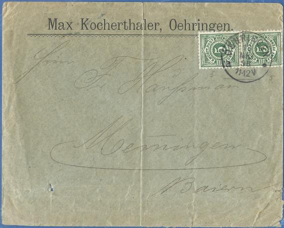 Envelope from " Max Kocherthaler, Öhringen ", - mailed March 18, 1898