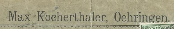 Briefumschlag von " Max Kocherthaler, Öhringen ", - versandt am 18. März 1898  -  Ausschnittvergrößerung - Absender