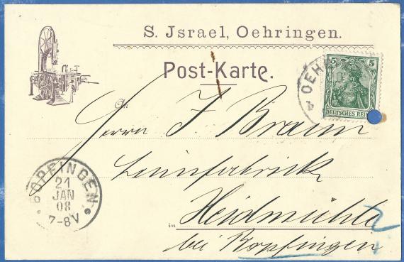 Geschäftspostkarte vom Spezialgeschäft in Schreinerartikeln, Holzbearbeitungsmaschinen S. Israel in Öhringen, - versandt am 20. Januar 1908 