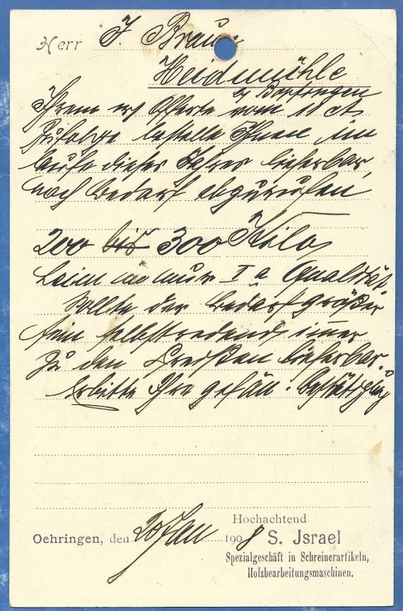 Geschäftspostkarte vom Spezialgeschäft in Schreinerartikeln, Holzbearbeitungsmaschinen S. Israel in Öhringen, - versandt am 20. Januar 1908  - Kartenrückseite