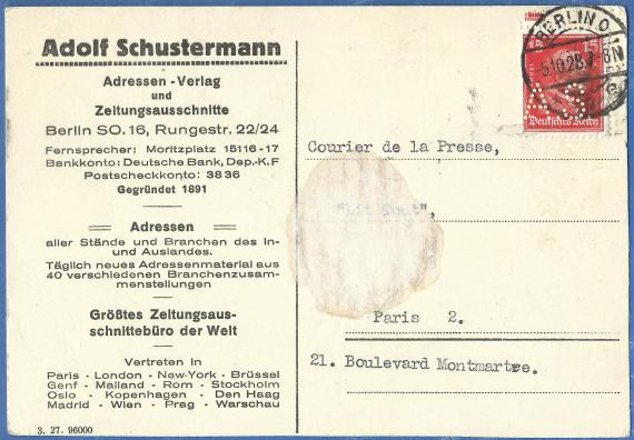 Postkarte - Adolf Schustermann Geschäftspostkarte vom " Adressenverlag und Zeitungsausschnitte Adolf Schustermann " in Berlin, Rungestraße 22/24 - versandt am 5. Oktober 1928