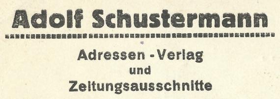 Postkarte - Adolf Schustermann Geschäftspostkarte vom " Adressenverlag und Zeitungsausschnitte Adolf Schustermann " in Berlin, Rungestraße 22/24 - versandt am 5. Oktober 1928 - Ausschnittvergrößerung Firmennamen