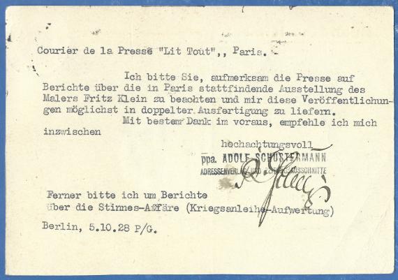 Postkarte - Adolf Schustermann Geschäftspostkarte vom " Adressenverlag und Zeitungsausschnitte Adolf Schustermann " in Berlin, Rungestraße 22/24 - versandt am 5. Oktober 1928 - Kartenrückseite