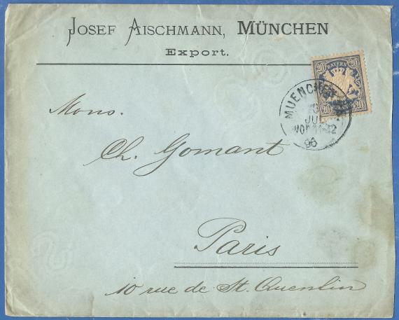 Briefumschlag des Hopfen- und Exportgeschäfts Josef Aischmann in München, - versandt am 3. Juli 1896 nach Paris 